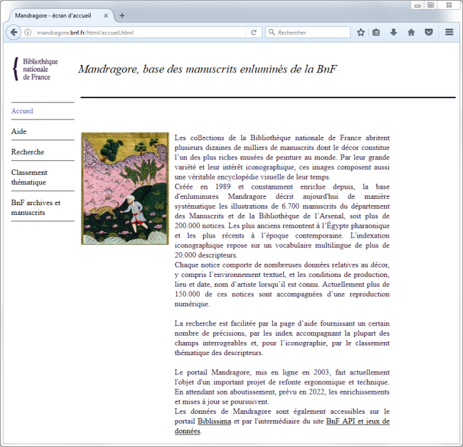 Capture d'écran de la page d'accueil du site Mandragore, en 2022