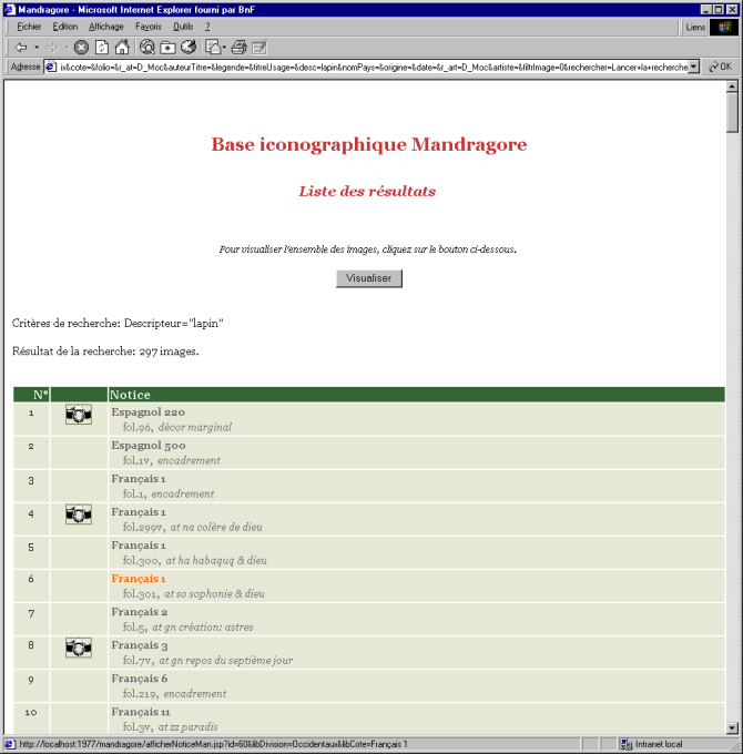 Capture d'écran de la liste de résultats du site Mandragore, en 2003